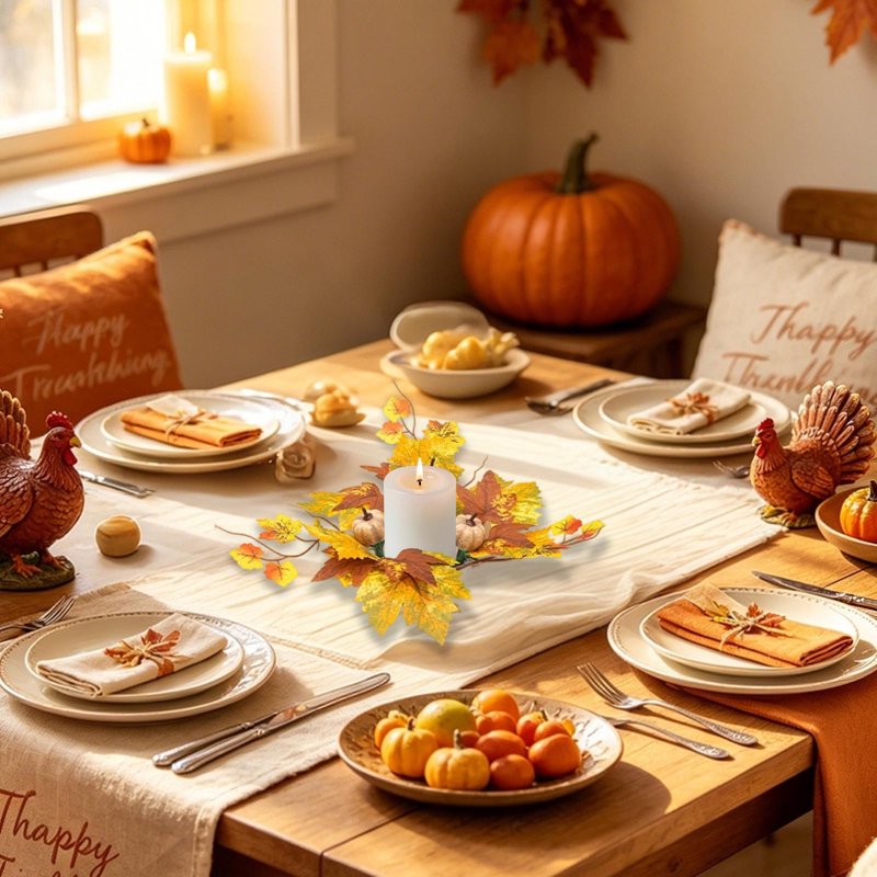 Fall Pumpkin Candle Ring with Maple Leaves - Rustic Autumn Centerpiece - Variation #36