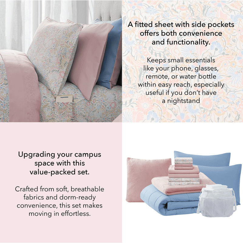 Mainstays Dorm Essentials Queen Reversible Bed-in-a-Bag Comforter Set - Light Blue & Pink