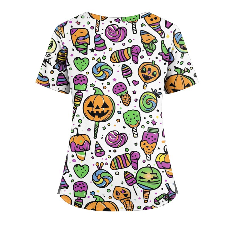 Plus Size Halloween Pumpkin-Head Bat Print Scrub Top - Light Green XXXXL