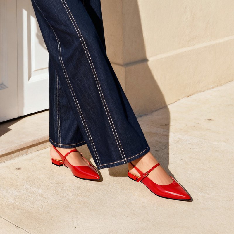 Red Women’s Pointed Toe Slingback Flats - Adjustable Ankle Strap Low Heel Dress Shoes 8.5