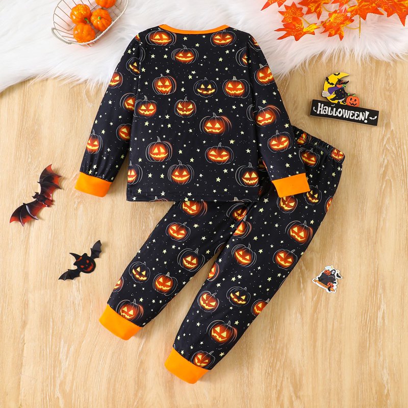Black 7-8 Years Boys Halloween Pumpkin Pajama Set - Long Sleeve Top & Pants