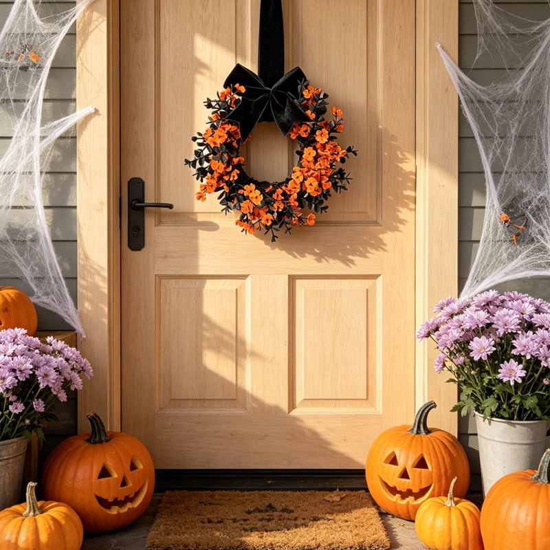 Halloween Wreath with Ribbon Bows and Artificial Flowers - Orange Star Shape, Fall & Holiday Decor - Variation: Halloween-Orange