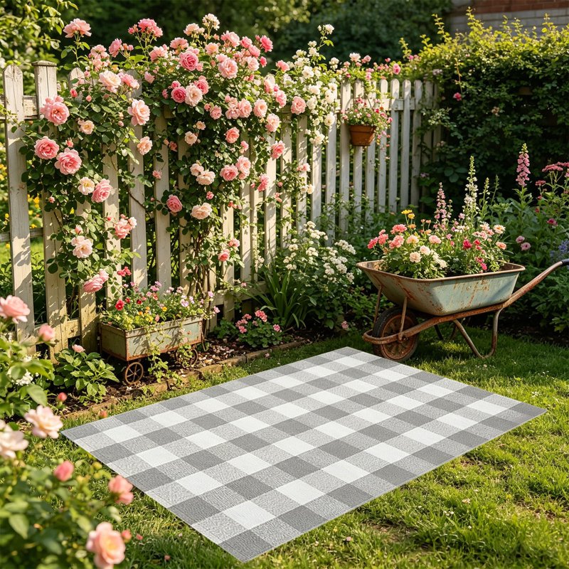 Large Thanksgiving Plaid Doormat - Gray Cotton Blend Layered Entry Rug, 19.6x31.5in