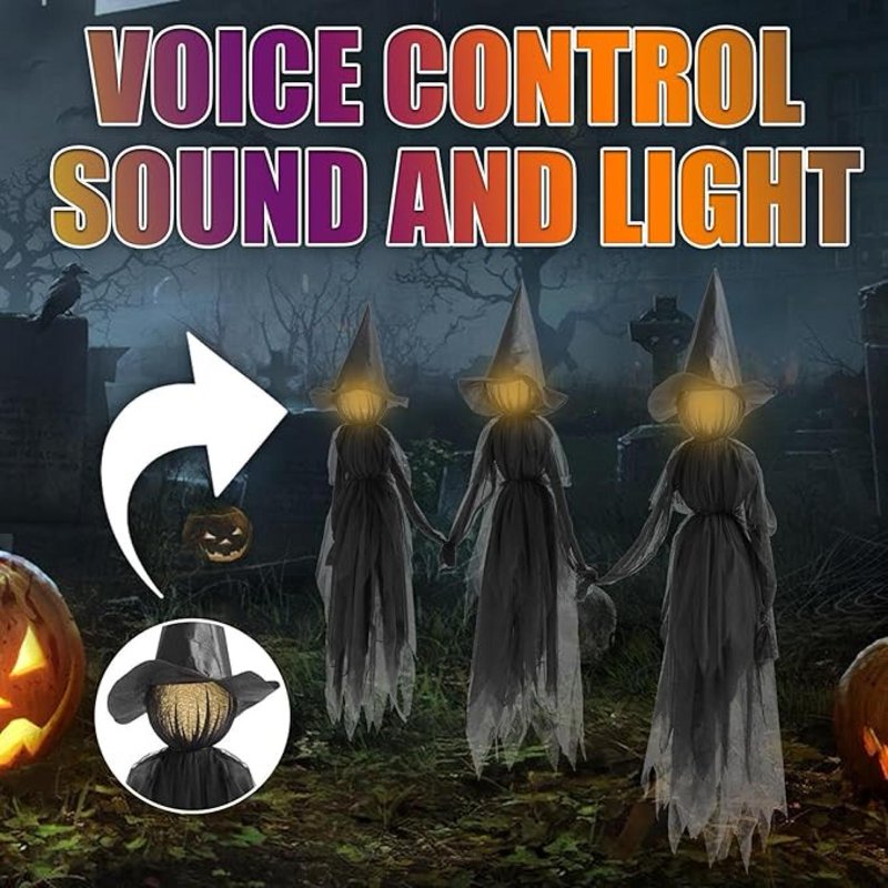 Life-Size Light-Up Screaming Witch Halloween Decor 3PC - Outdoor LED Animated Spooky Yard Display