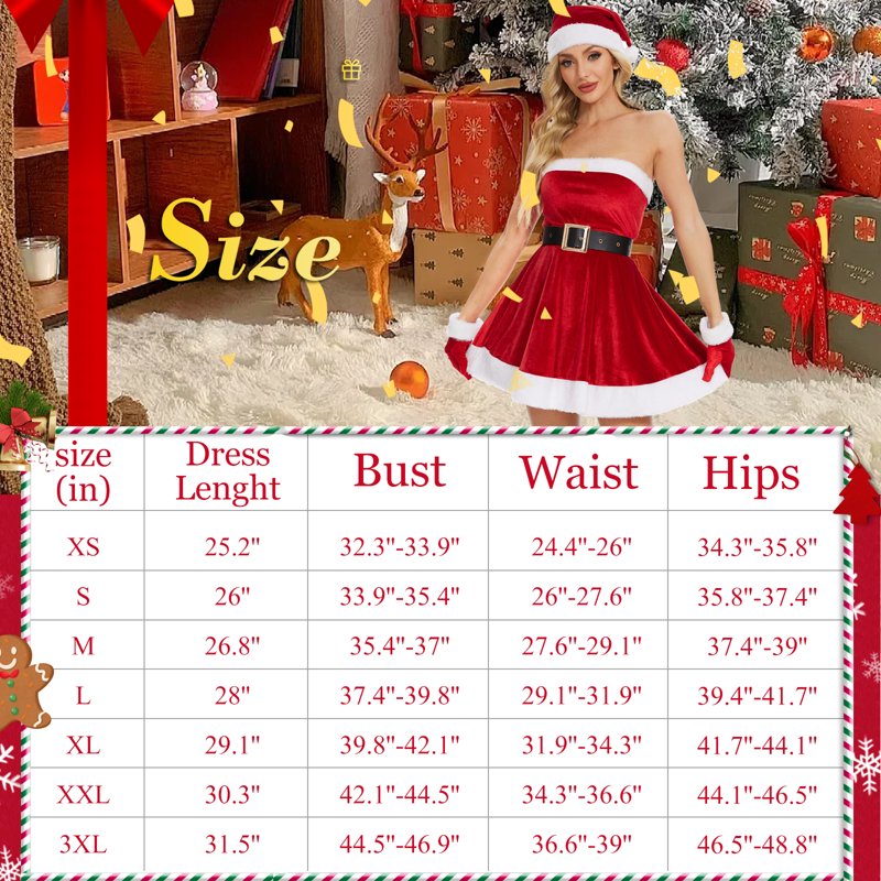MYATED Santa Dress for Women 5 Pcs Costume Set with Belt & Gloves - Christmas Party Outfit S