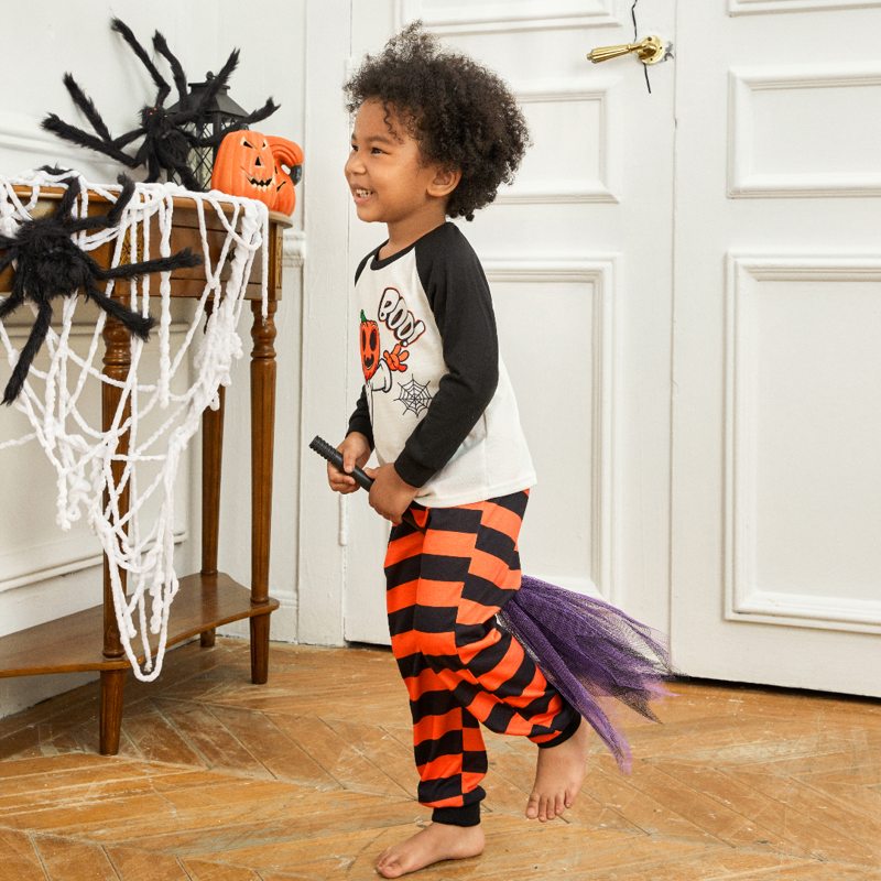 Halloween Pajamas Set for Kids - Pumpkin Ghost Print 2-Piece Long Sleeve & Striped Pants - Variation of 5-Stripe Pumpkin, 3-4Y