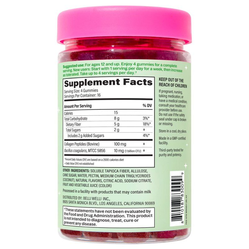 Daily Fiber Gummy Supplement with Probiotics & Collagen - Watermelon, 64 Count