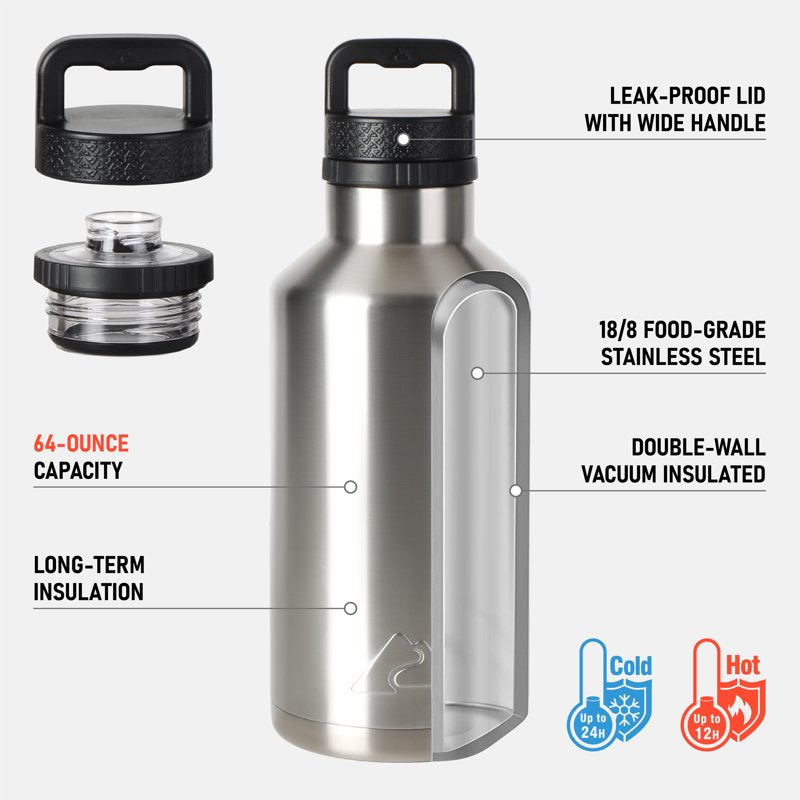64 oz Stainless Steel Insulated Water Bottle - Leak-Proof Chug Lid