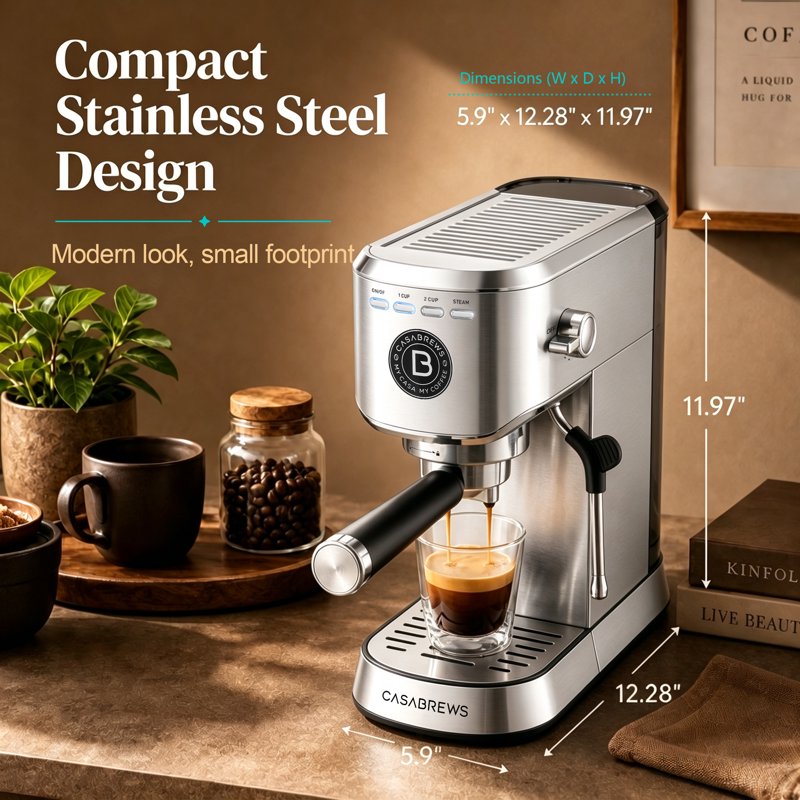 20-Bar Espresso Machine with Steam Wand - Compact Stainless Steel Coffee Maker