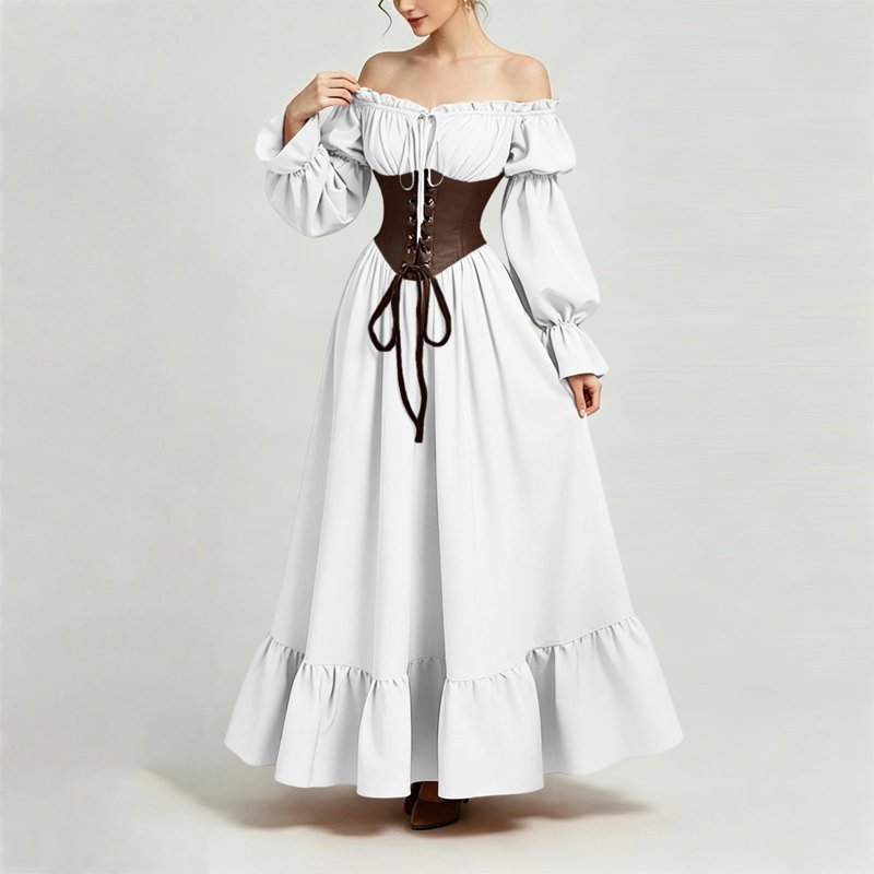 Gothic Corset Maxi Dress for Women Halloween Victorian Long Dress with Puff Sleeves & Ruffle Hem - White XL - Variation BB-White