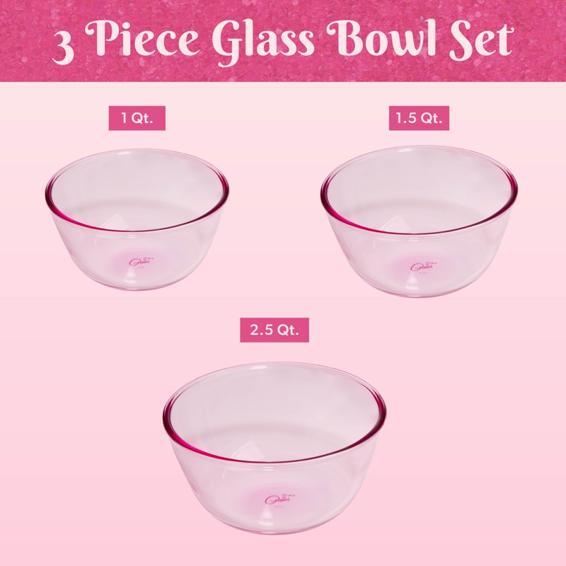 3-Piece Pink Glass Mixing Bowl Set - Microwave & Dishwasher Safe