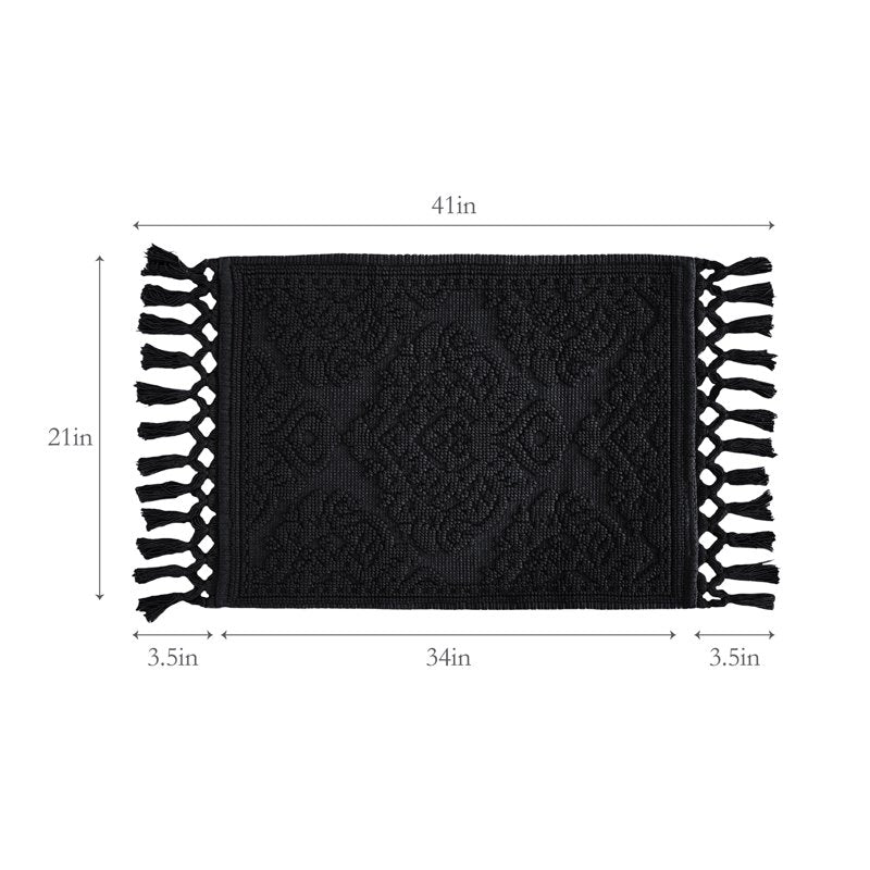Cotton Fringe Bath Rug - Black, 21 x 34 in. Bohemian Style, Jean Pierre
