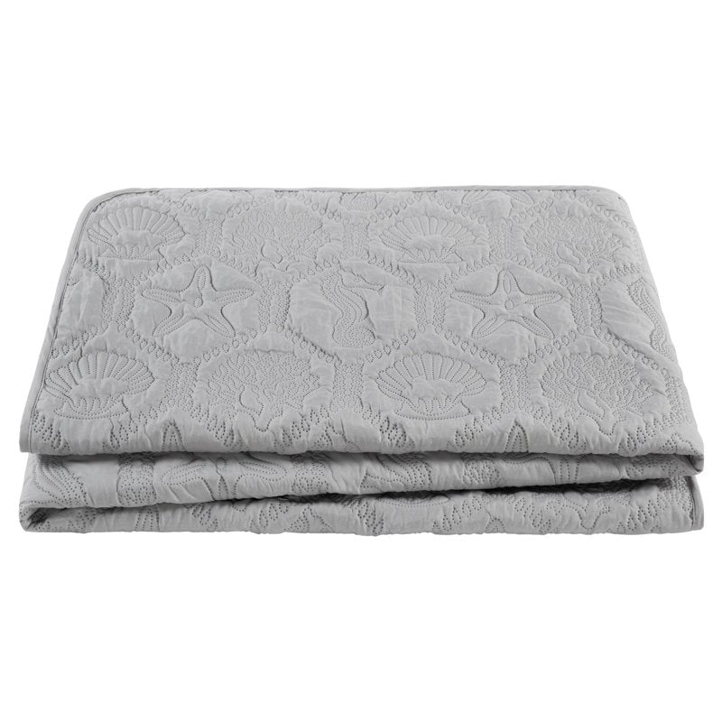 Queen Coastal Quilt Set with Embossed Sea Life Pattern - Green Textured Bed Cover