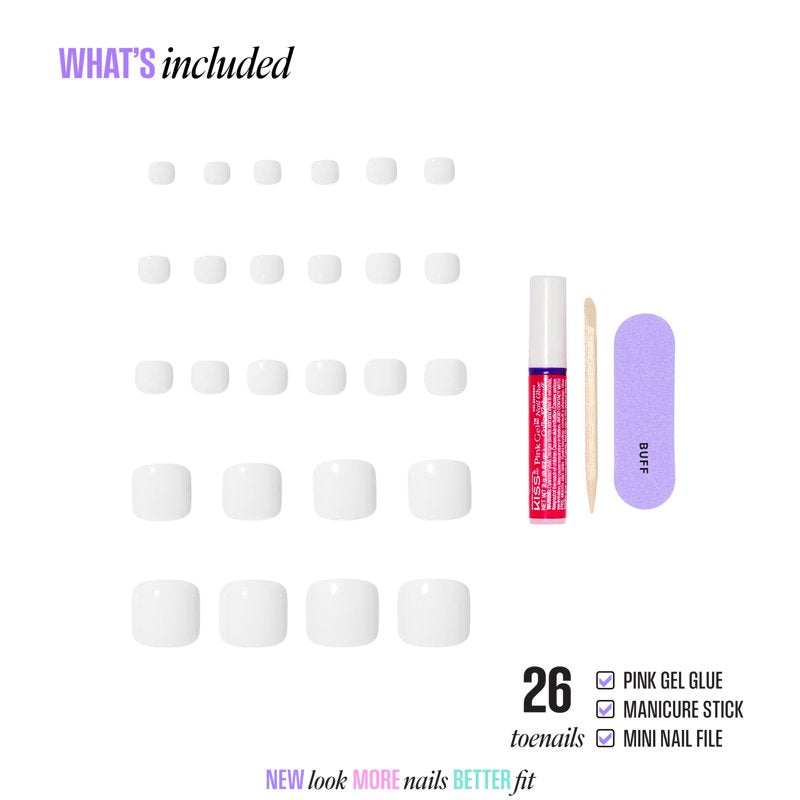 Short Squoval White Press-On Toenails - 26 Piece Set