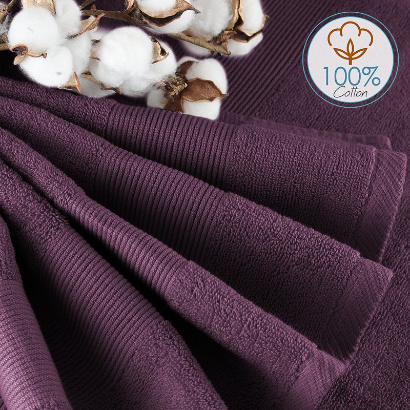 Bath Towels Set with Washcloths - 4 Purple Cotton Towels + 2 Washcloths - Soft & Absorbent