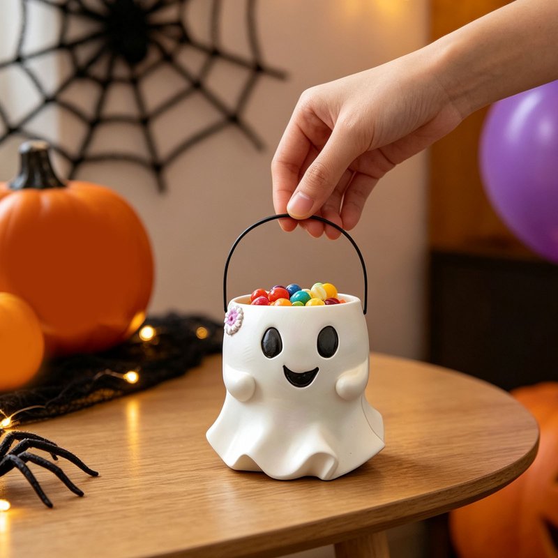 Halloween Ghost Candy Bucket - Cute Resin Treat Container with Handle - Variation #024