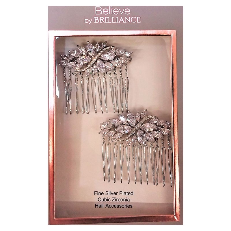 Silver Plated Marquise Cubic Zirconia Hair Comb Set - 2 Pieces