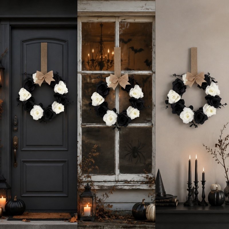 Halloween Wreath for Front Door - Artificial Rose Decor R-9 - Fall Holiday
