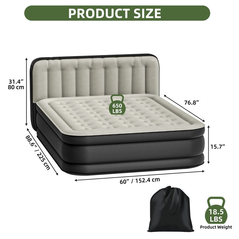 Queen Air Mattress with Pump & Built-In Headboard - Black Inflatable Bed for Home & Guest Use