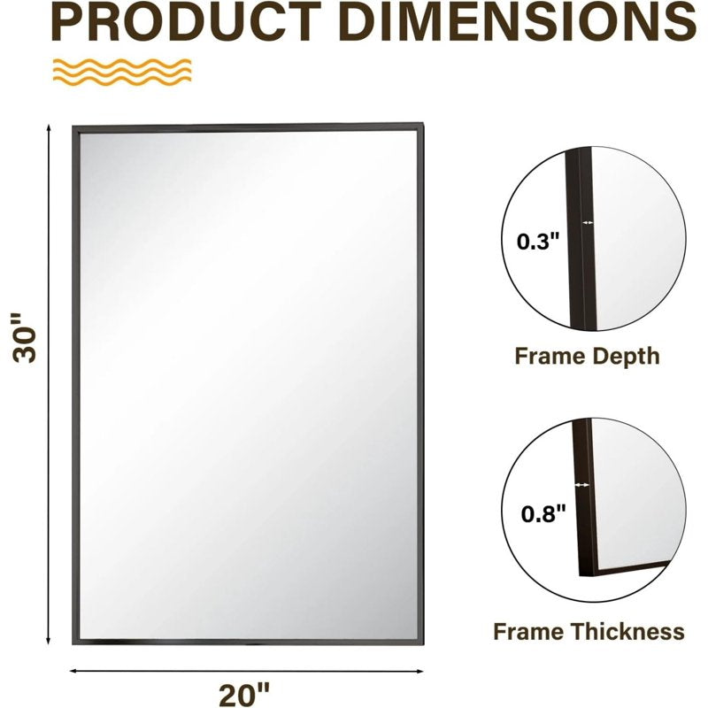 Bathroom Wall Mirror 30x20 Inch Rectangular Black Metal Frame Vanity Mirror - Modern Decor