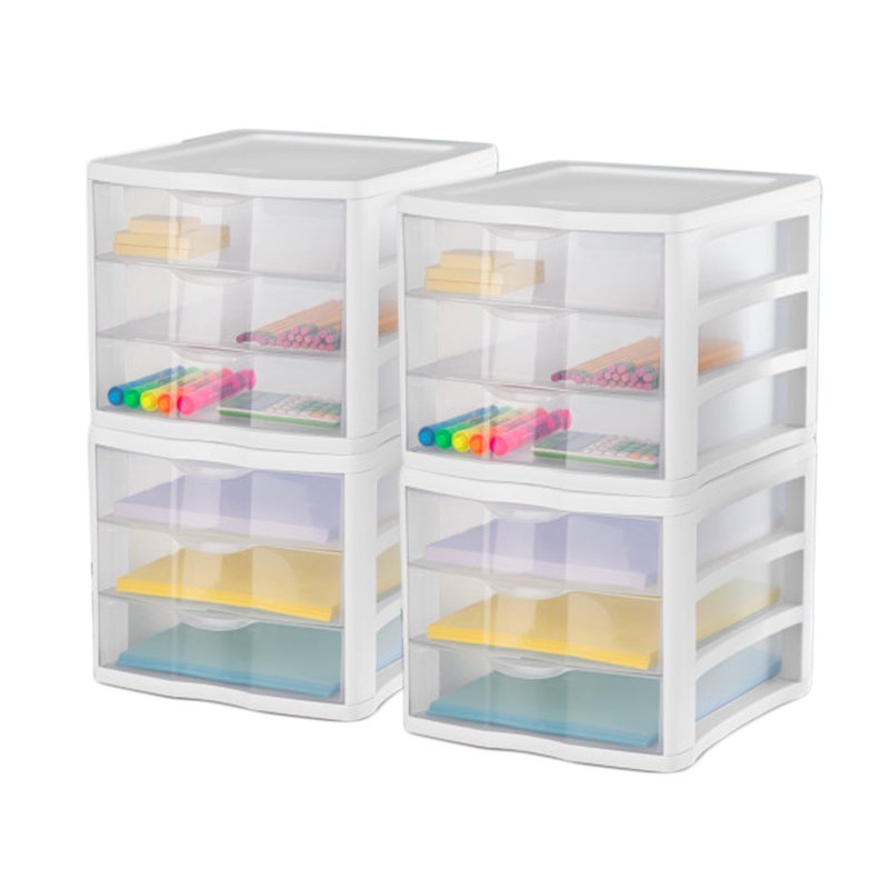 Sterilite 3 Drawer Storage Organizer Unit - Stackable Plastic 4 Pack