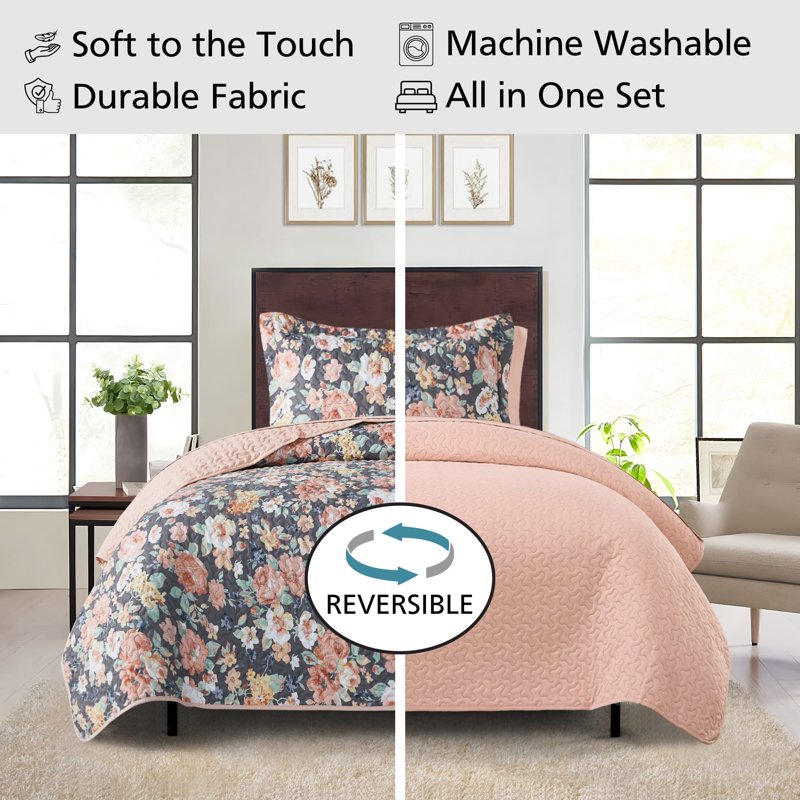 Twin/Twin-XL All-in-One Lightweight Quilt and Sheet Set - Gray Floral