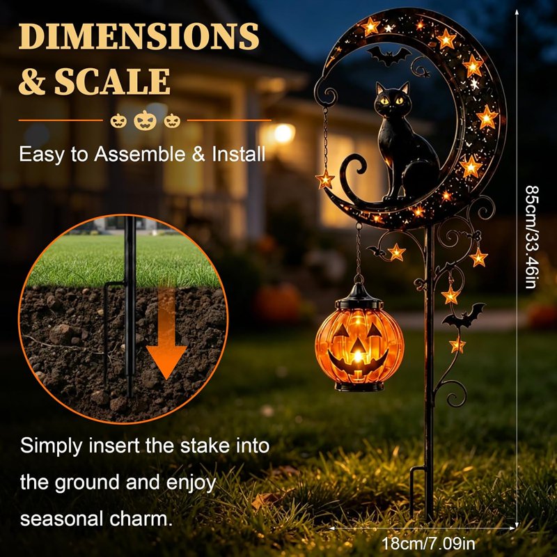 Solar Halloween Black Cat & Pumpkin Moon Garden Stake Light - Waterproof Metal Decor - Variation A