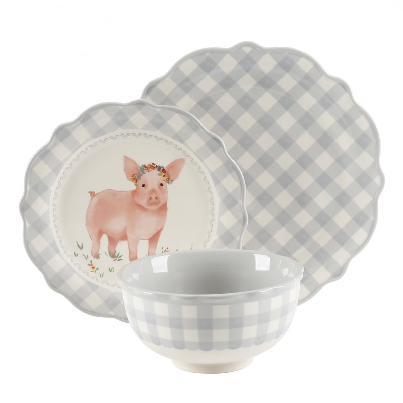 Gray Gingham 12-Piece Ceramic Dinnerware Set - Service for 4