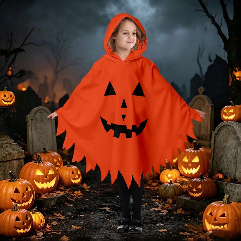 Kids Ghost Face Halloween Costume Cape - Unisex Hooded Dress Up for 10-12 Years - Orange, Fancy Dress