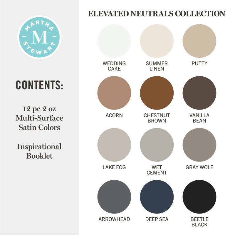 Martha Stewart Multi-Surface Satin Acrylic Craft Paint Set - Elevated Neutrals, 12 x 2oz