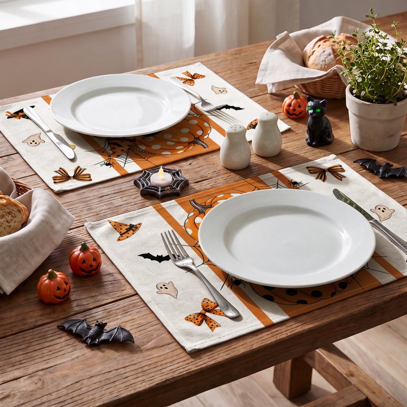Halloween Placemats Set of 4 - Orange Pumpkin Ghost Bat Spider Web 12x18 C
