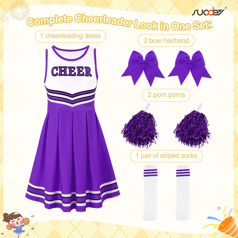 Girls Cheerleader Costume Outfit Set - Purple, 5-6 Years Halloween Party Dress