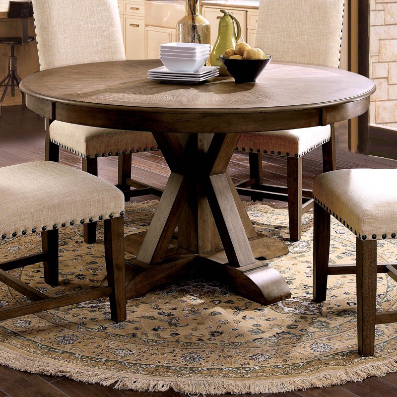 Round Pedestal Dining Table - Rustic Light Oak Finish, Seats 4