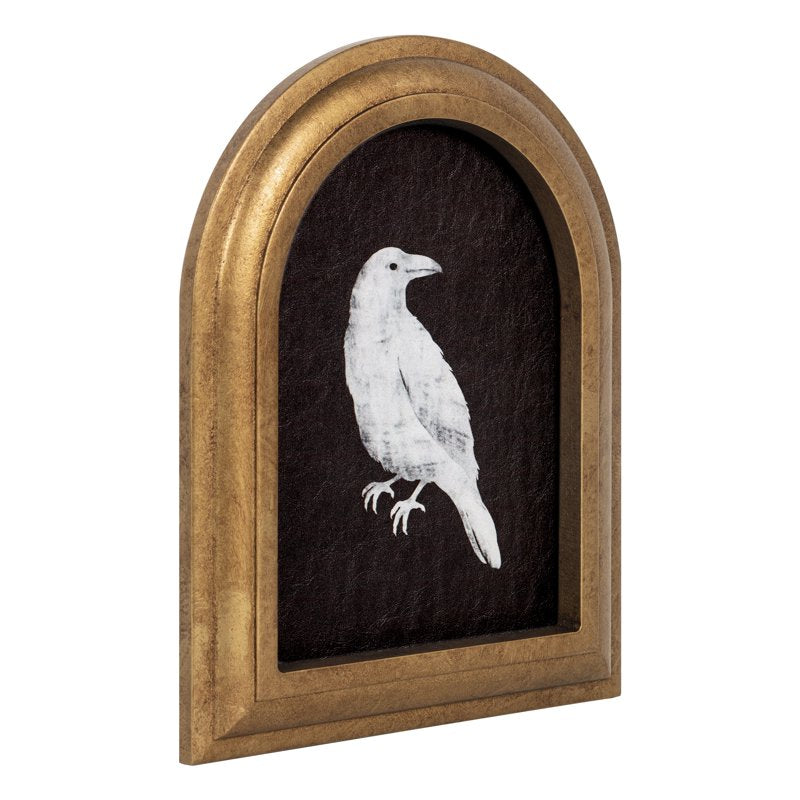 Halloween Bird Wall Art - Black & White Crow Antique Gold Frame 8x10