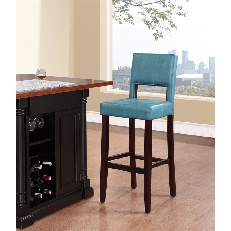 30" Black Wood Bar Stool with Aegean Blue Fabric Seat