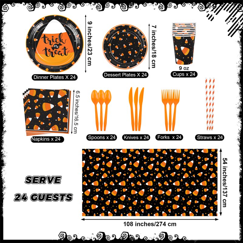 Halloween Candy Corn Disposable Tableware Set for 24 Guests - Plates Cups Napkins & Cutlery