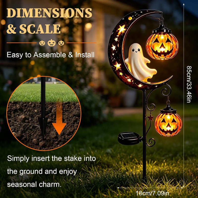 Solar Halloween Ghost Moon Garden Stake Light - Waterproof Metal Yard Lantern