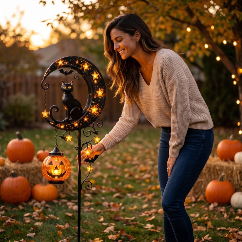 Halloween Solar Garden Stake Light with Metal Moon, Black Cat & LED Pumpkin - Variation A