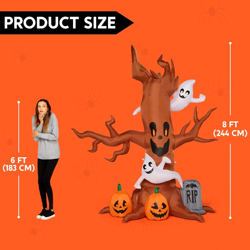 8 FT Halloween Inflatable Spooky Tree with Ghost, Pumpkin & Tombstone - Outdoor Yard Decor with LED Lights
