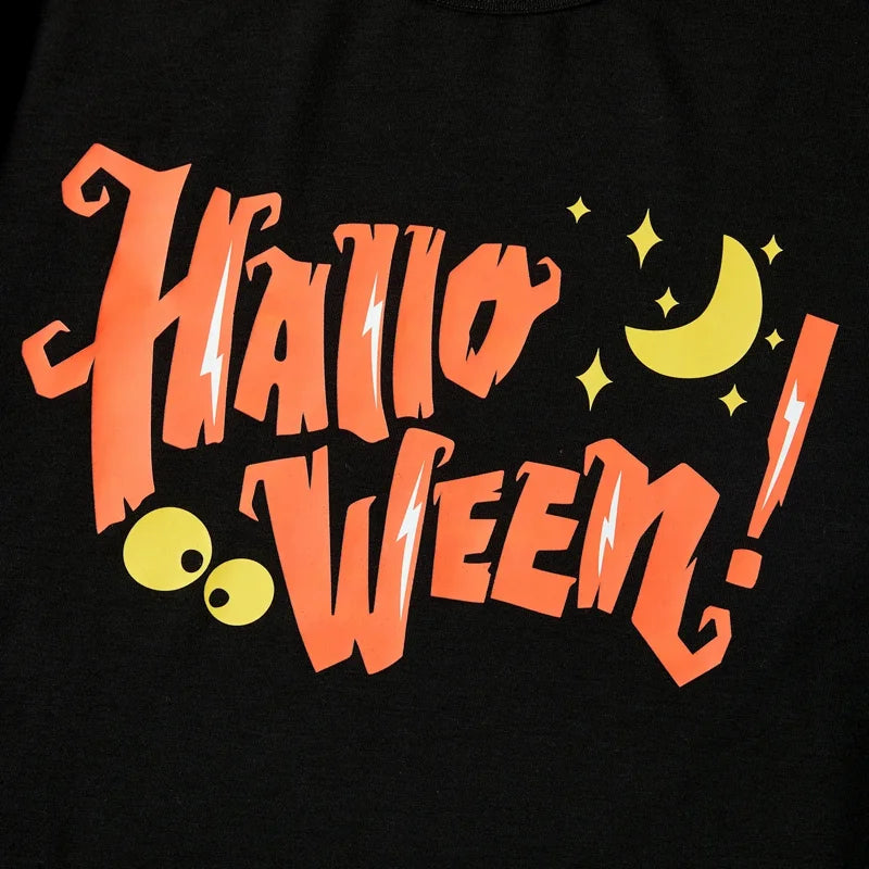 Halloween Kids Pajamas Set Bat & Letter Print Short Sleeve Family Matching Pajamas 8-9Y - Black & Orange