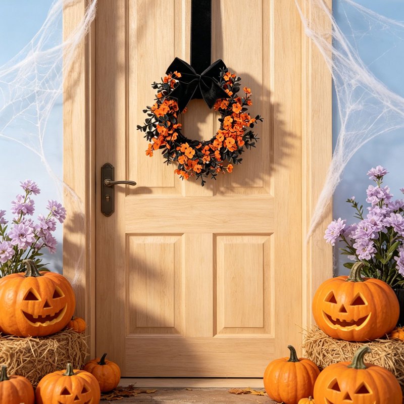 Halloween Wreath with Ribbon Bows and Artificial Flowers - Orange Star Shape, Fall & Holiday Decor - Variation: Halloween-Orange