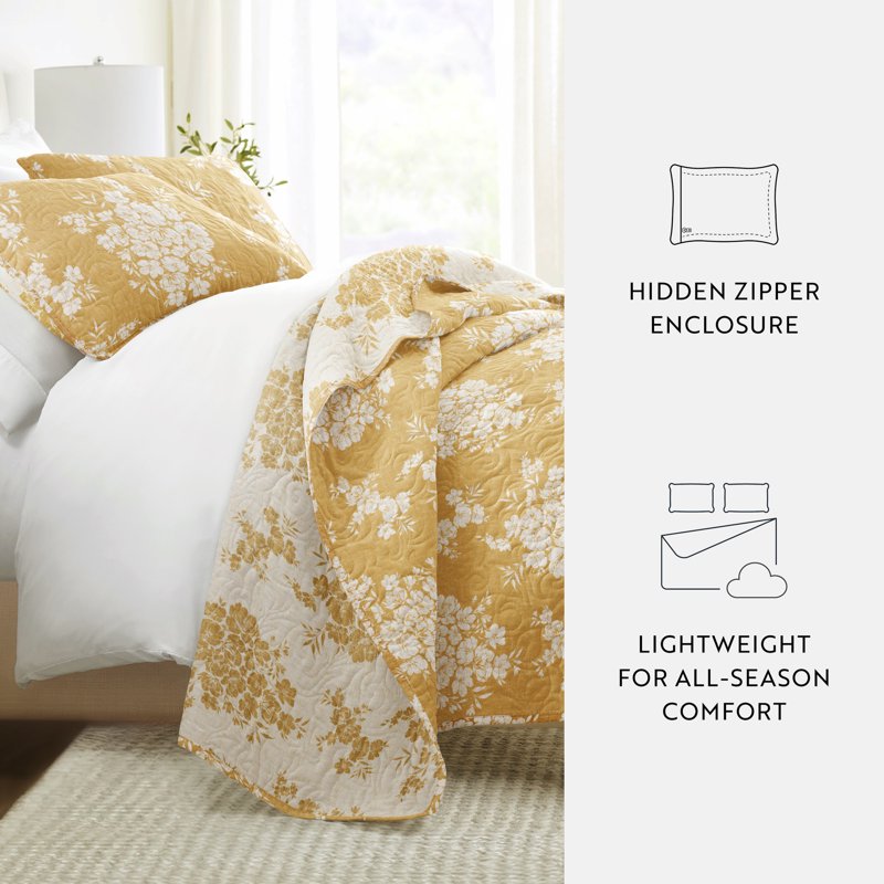 Twin Mustard Reversible Quilt Set with Shams - Distressed Bouquet Design