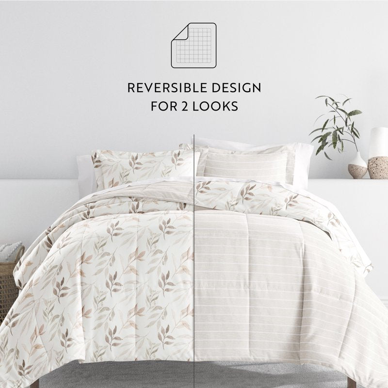 Full Foliage Stripe Ivory 7-Piece Microfiber Bedding Set with Comforter & Sheets