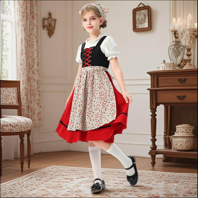 Girls Outfits Set French Farmhouse Style Dress - Toddler to Kids 3-12 Years, Relaxed Fit, Red 1254