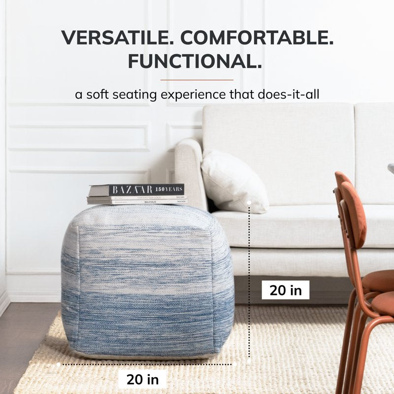 20-Inch Blue and Ivory Pouf Ottoman - Handcrafted Floor Seat & Accent