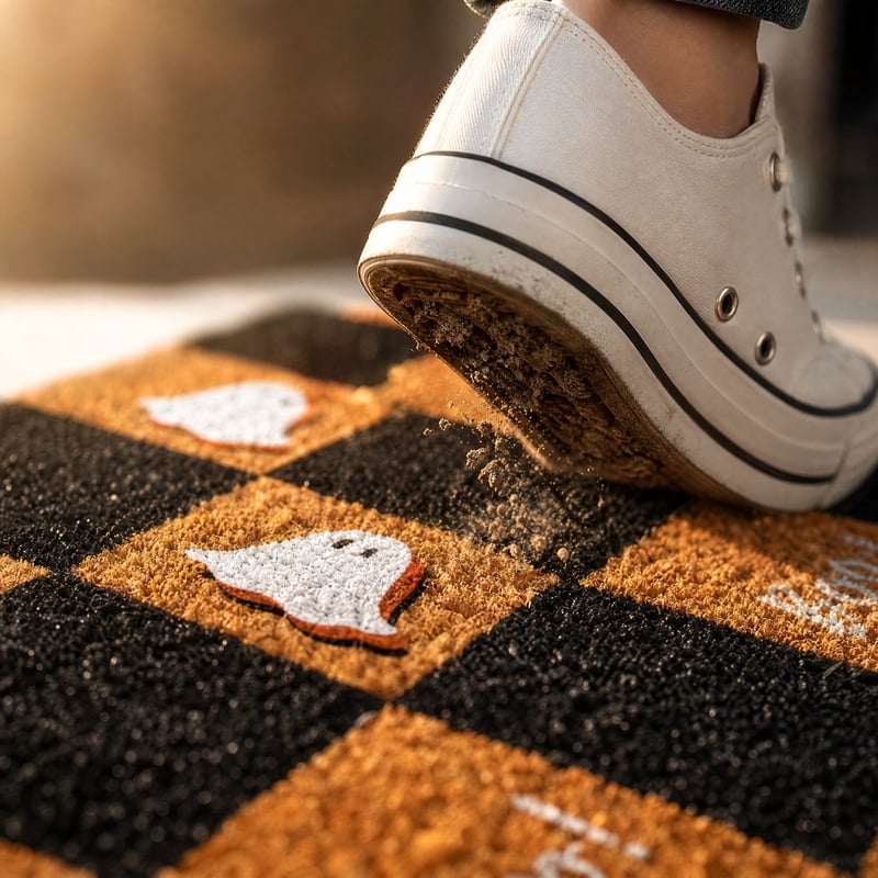 Halloween Checkerboard Ghost Doormat - Non-Slip Coir Floor Mat for Front Door B