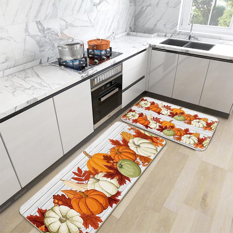 Decorative Kitchen Floor Mats Set of Two – Fall Theme Pumpkin Turkey Pattern, Non-Slip D, 16x24in & 16x48in