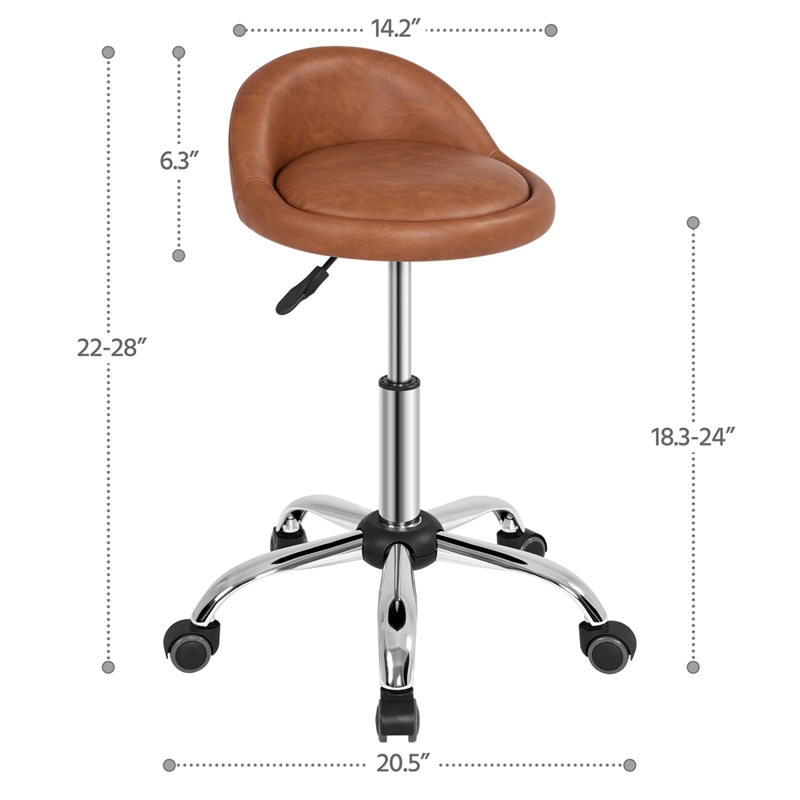 PU Leather Rolling Salon Stool with 360° Swivel - Brown