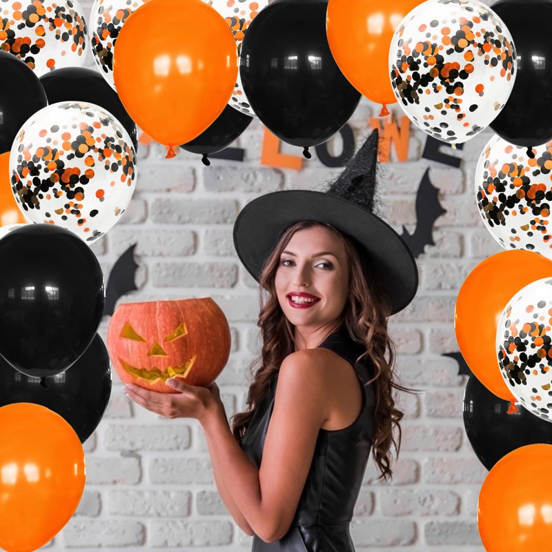 Halloween Confetti Balloons Set - Black, Orange, White 12 Inch Latex & Foil Decor