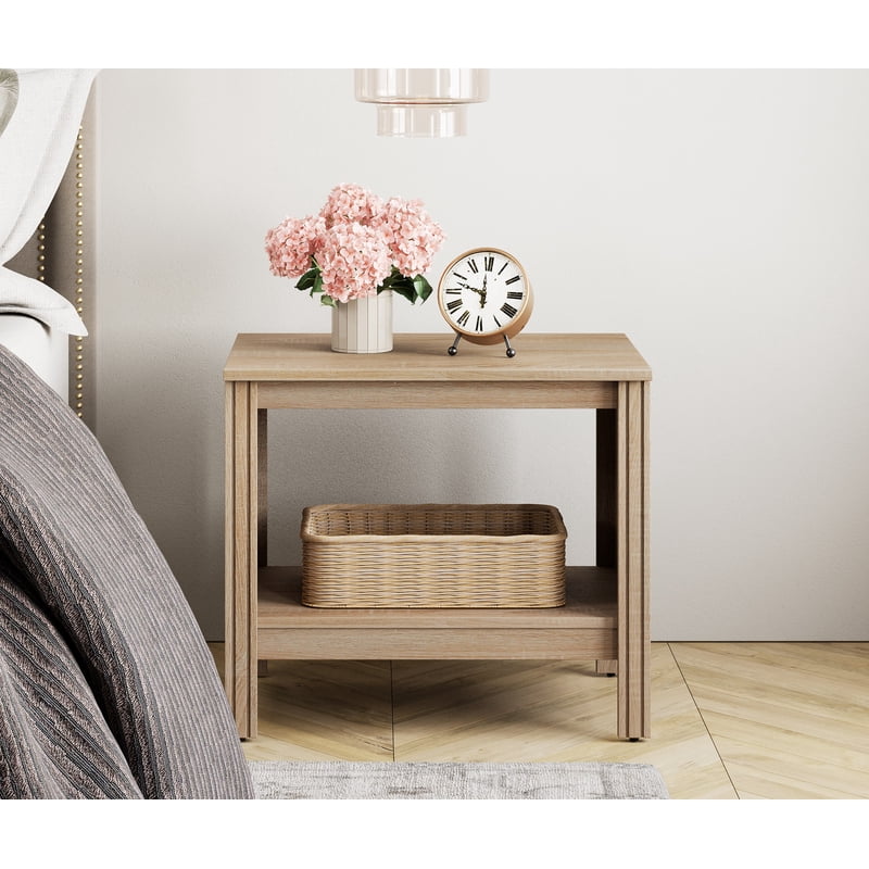 Wooden End Table Set of 2 - Stylish Oak Storage Nightstands